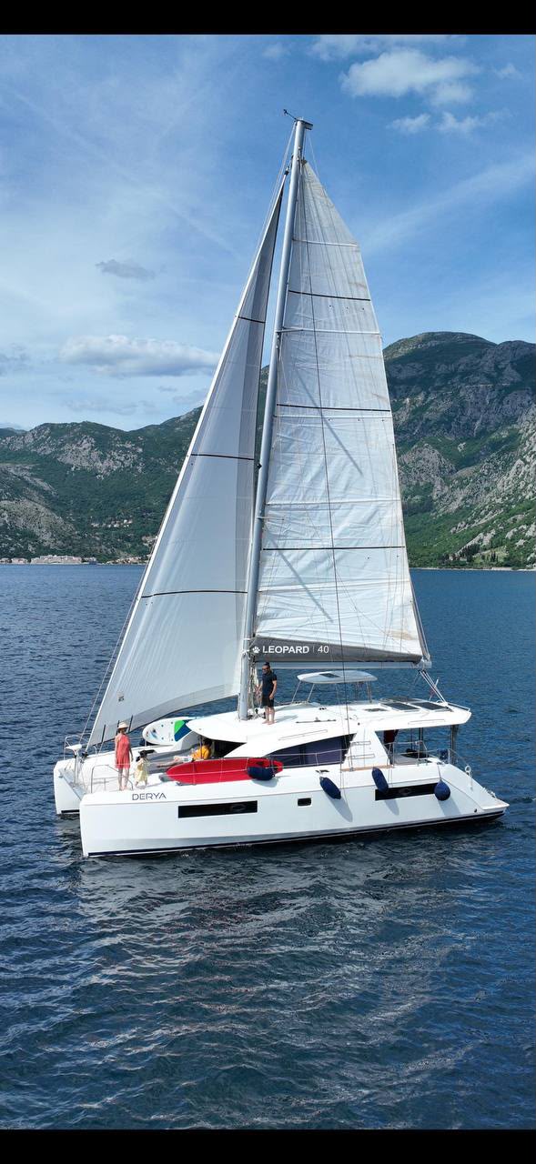 Leopard 40 catamaran “Derya” under sail in the Bay of Kotor